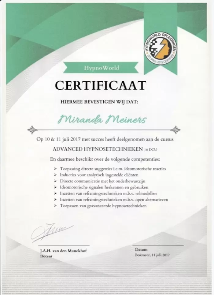 erkende hypnotherapeuten diploma advanced hypnosetechnieken miranda meiners
