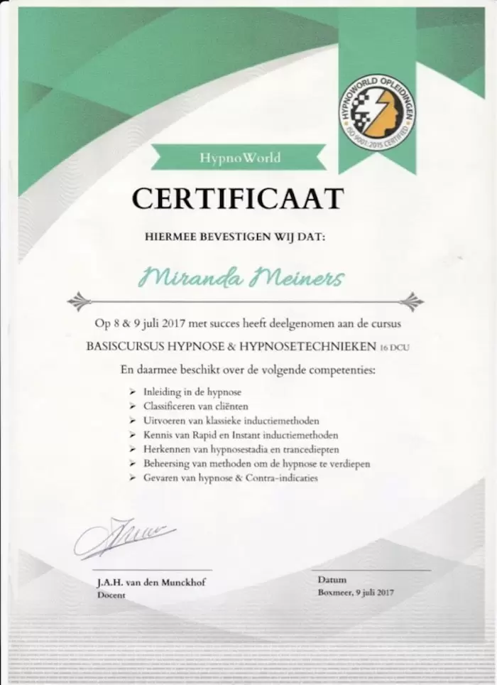 erkende hypnotherapeuten diploma basis hypnosetechnieken miranda meiners