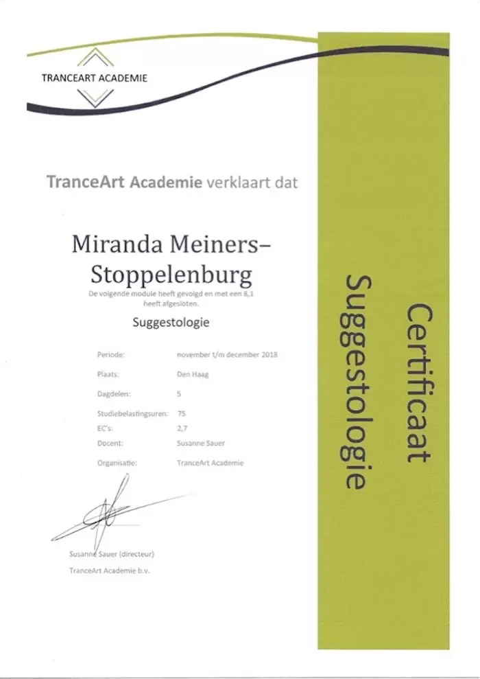 erkende hypnotherapeuten diploma suggestologie miranda meiners