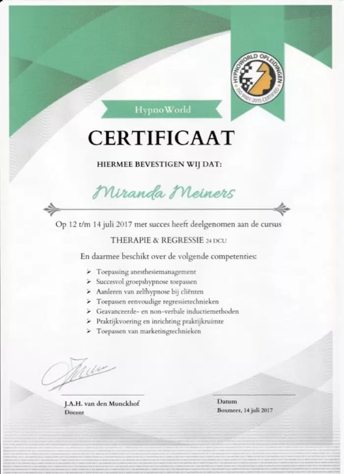 erkende hypnotherapeuten diploma therapie regressie miranda meiners