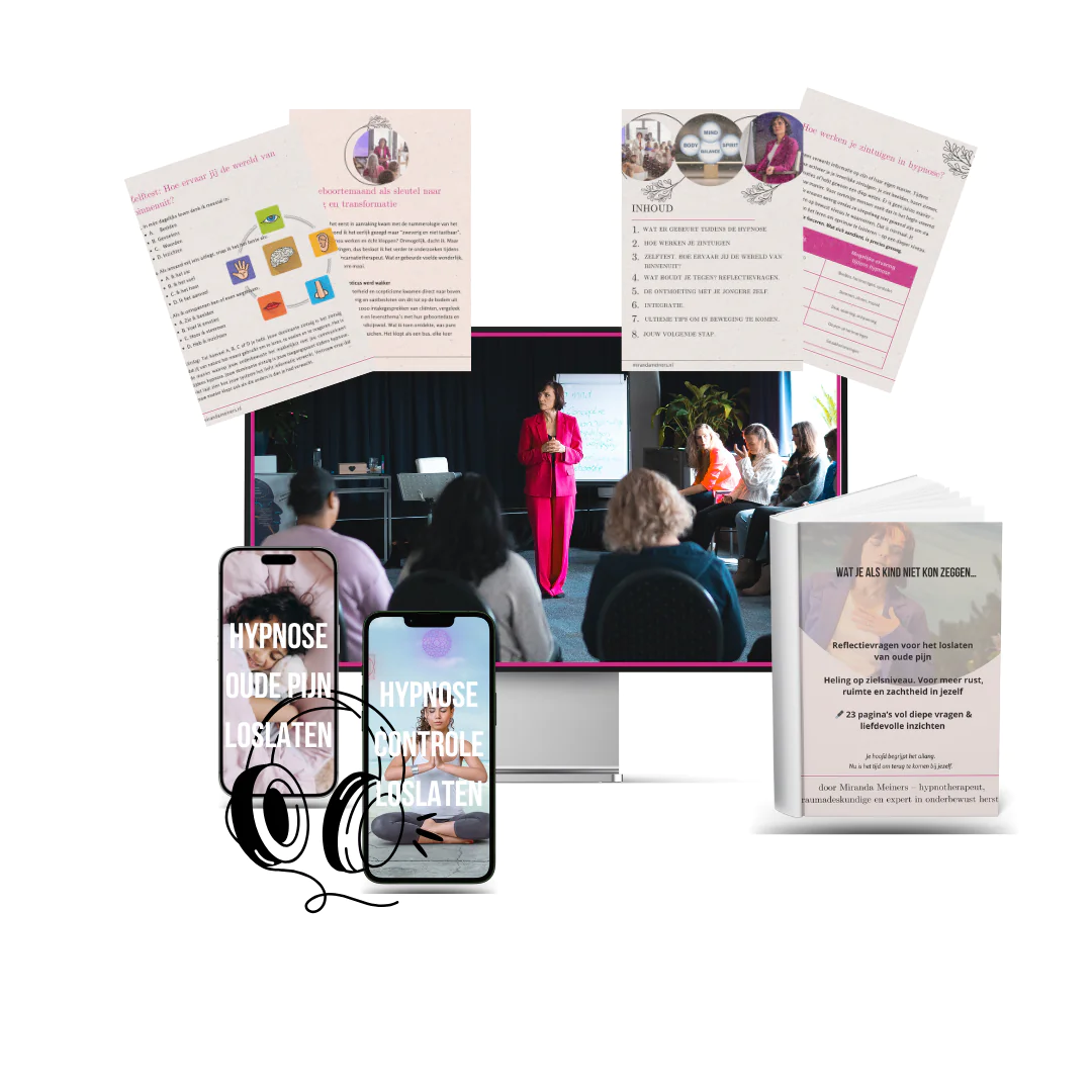 Mockup van het hypnosepakket 'Oude pijn loslaten' met audio’s en werkboek door hypnotherapeut Miranda Meiners.