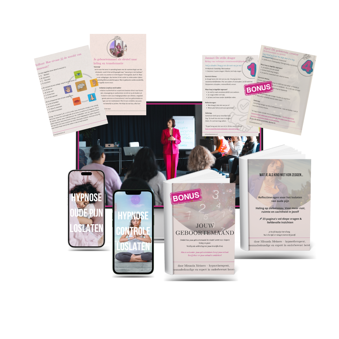 hypnosepakket-oude-pijn-controle-loslaten-miranda-meiners Mockup van hypnosepakket met twee downloads: Oude Pijn Loslaten (innerlijk kind heling) en Controle Loslaten (chakra heling) van hypnose-expert Miranda Meiners