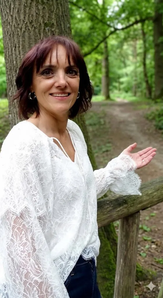 Miranda Meiners hypnotherapeut in het bos, uitnodigend gebaar naar een pad tussen de bomen