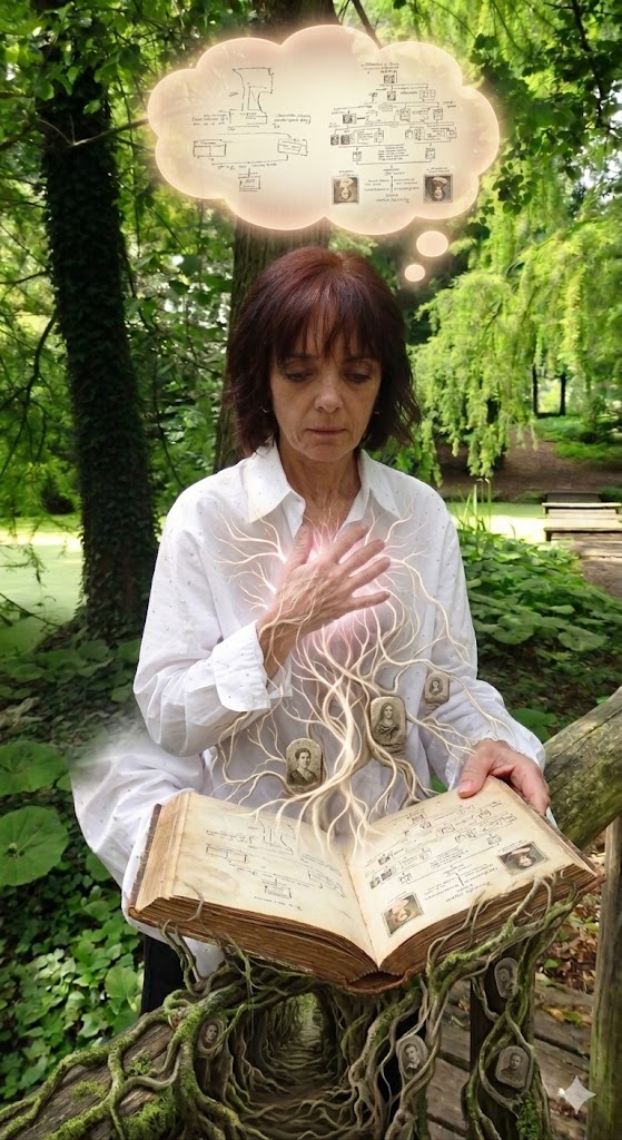 Vrouw houdt oud familieboek vast met stamboom die via haar hart doorloopt naar haar gedachten