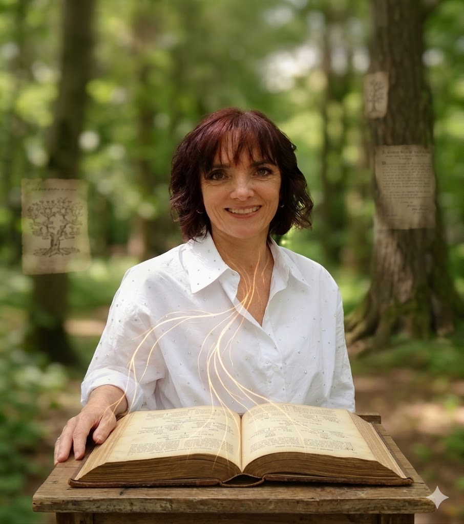 Vrouw met oud familieboek en gouden verbindingslijnen naar voorouderlijke portretten rondom haar