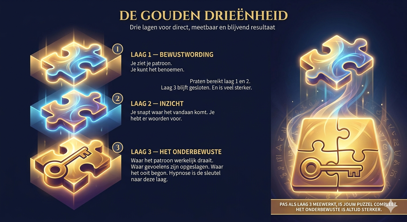 Drie puzzelstukken die de drie lagen van verandering symboliseren: bewustwording, inzicht en het onderbewuste als ontbrekende sleutel