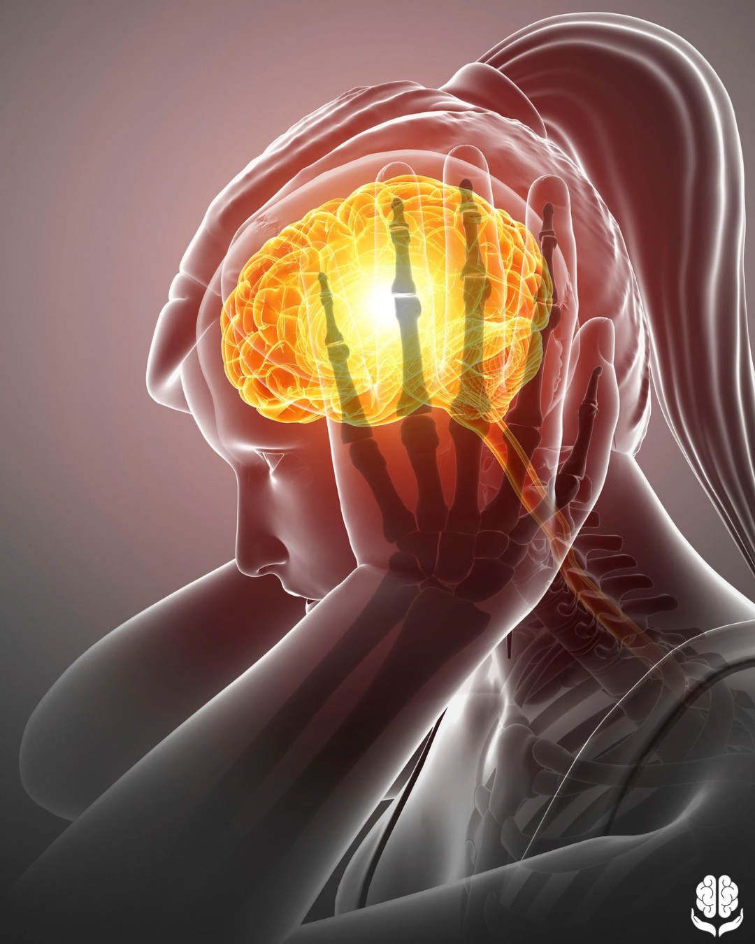 Vrouw houdt haar hoofd vast tijdens een migraineaanval, met fel oplichtende hersenen als illustratie van hevige migrainehoofdpijn.