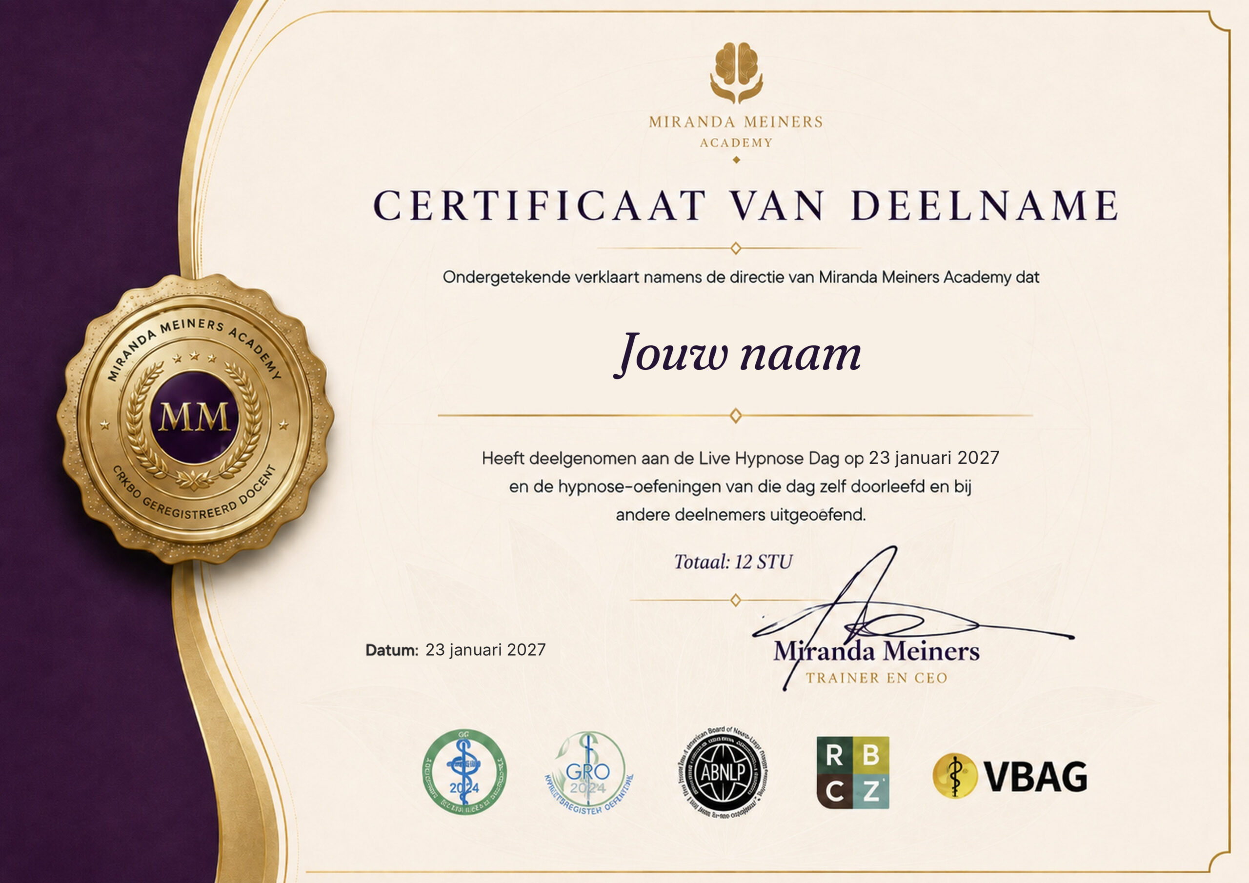 Voorbeeld van het certificaat op naam